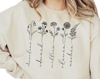 Custom Birth Month Flower Sweatshirt, Mothers Day Gift, Personalized Kids Name Gift for Mom, Plant Mom Gift, Gift for Grandmother