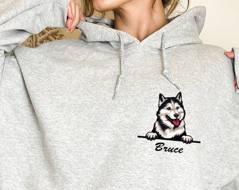 Siberian Husky in Pocket, Custom Sweatshirt for Dog Mom, Mothers Day Gift, Personalized Dog Name Hoodie, Dog Owner Gift Ideas, E426