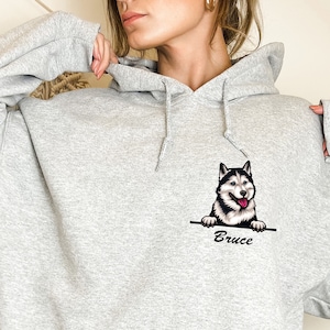 Siberian Husky in Pocket, Custom Sweatshirt for Dog Mom, Mothers Day Gift, Personalized Dog Name Hoodie, Dog Owner Gift Ideas, E426