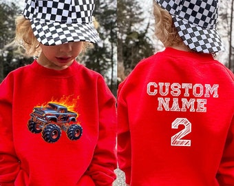 Personalized Front and Back Print Hoodie for Kids Birthday or Special Gift, Custom Truck Design Sweatshirt with Child's Name and Age, E1267