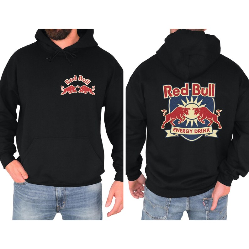 A black hoodie with the Red Bull logo and a graphic of two bulls fighting, along with the text "Red Bull ENERGY DRINK" on the back.