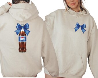Sudadera Pepsi Coquette, sudadera con capucha estética Soft Girl Soda, cuello redondo femenino de cola, sudadera acogedora y femenina con bebidas, sudadera con capucha Pepsi en tonos pastel.