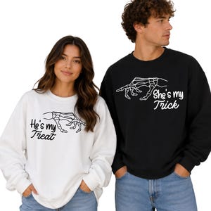 She Is My Trick He Is My Treat Matching Sweatshirt, Funny Halloween Couple Hoodie, Spooky Love Crewneck, Cute Matching Halloween Sweatshirt