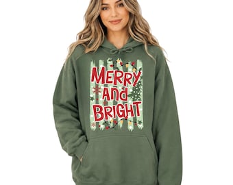 Merry and Bright Striped Christmas Sweatshirt, Cheerful Holiday Hoodie, Festive Stripe Hoodie, Bright Christmas Crewneck, Winter Celebration