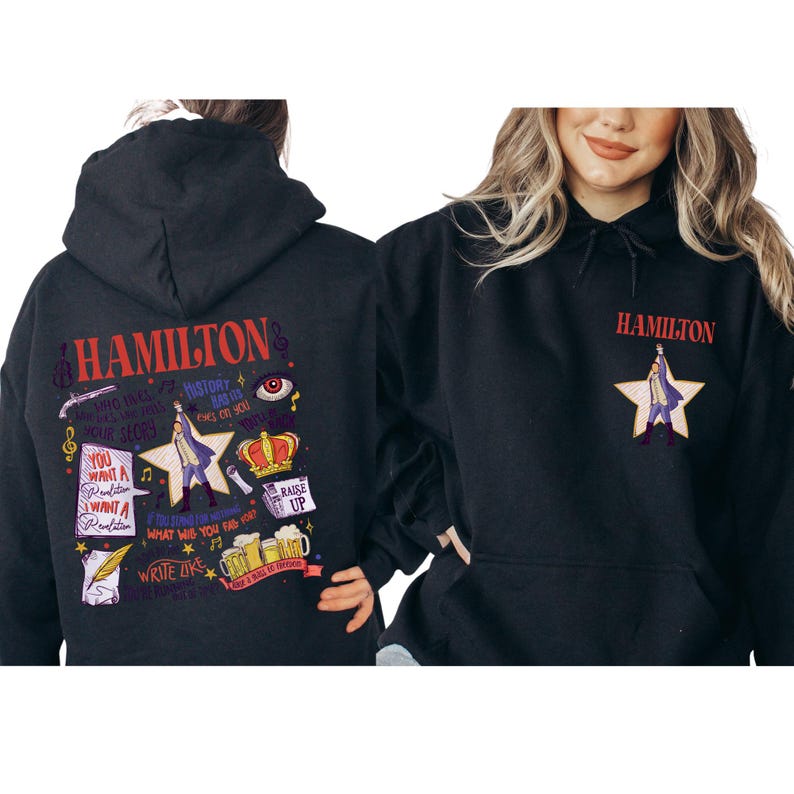 A black hoodie with colorful text and graphics on the back, and a woman wearing the hoodie smiling.