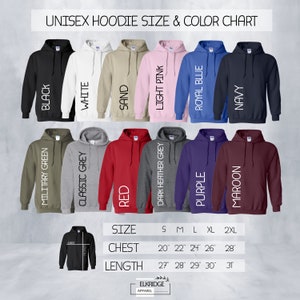 May include: Unisex hoodie size and color chart with 12 different color options. The chart shows the chest and length measurements in inches for sizes S, M, L, XL, and 2XL.