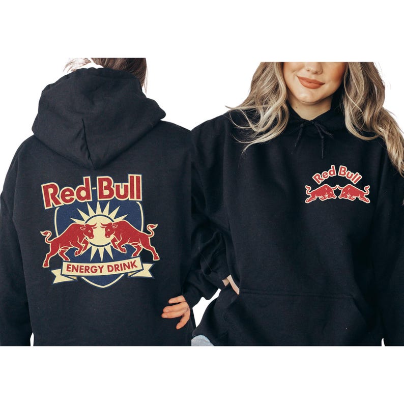 two people wearing black hooded sweatshirts with the Red Bull logo.