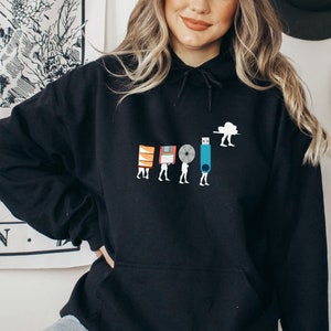 May include: A black hoodie with a graphic of a cloud and a series of data storage devices, including a floppy disk, a CD, a USB drive, and a hard drive, all carrying a cloud on their backs.