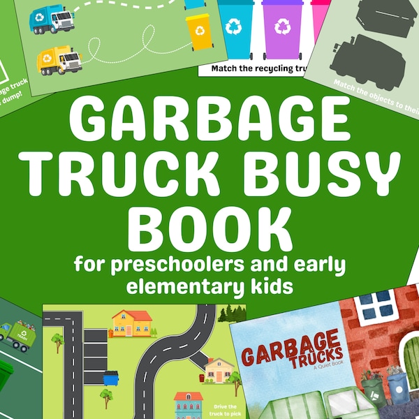 Garbage Trucks Busy Activity Book Matching Activity & Memory Game For Kids Printable Truck Learning Tools Homeschool Preschool PreK Toddlers