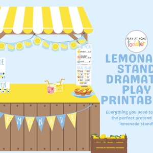 May include: A colorful illustration of a lemonade stand with a yellow and white striped awning. The stand has a sign that says "Lemonade Stand" and "Open". The image includes a menu, drinks, and baked goods. Text reads "Lemonade Stand Dramatic Play Printables".