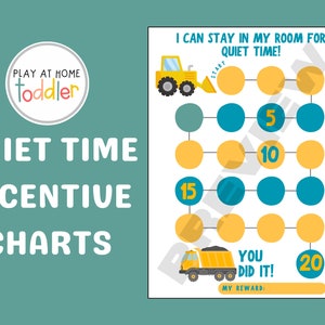 May include: A colorful "Quiet Time Incentive Charts" printable. The chart features a yellow construction vehicle and a dump truck, with circles numbered 5, 10, 15, and 20. Text includes "I can stay in my room for quiet time!" and "You did it!"