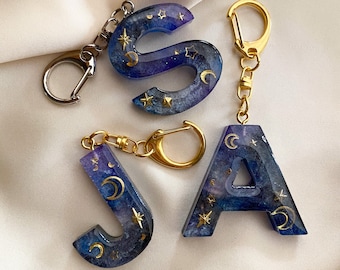 Galaxy Keychain, Moon and Stars, Initial Letter Resin Keychain, Milky Way, Holiday, Alphabet, Space, Constellation, Personalized Gifts, NASA