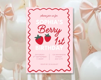 May include: A pink birthday invitation with a red wavy border. The text reads "SOPHIA'S Berry 1st BIRTHDAY" with strawberry illustrations. Details include date, time, and RSVP information. White and pink balloons with bows are in the background.