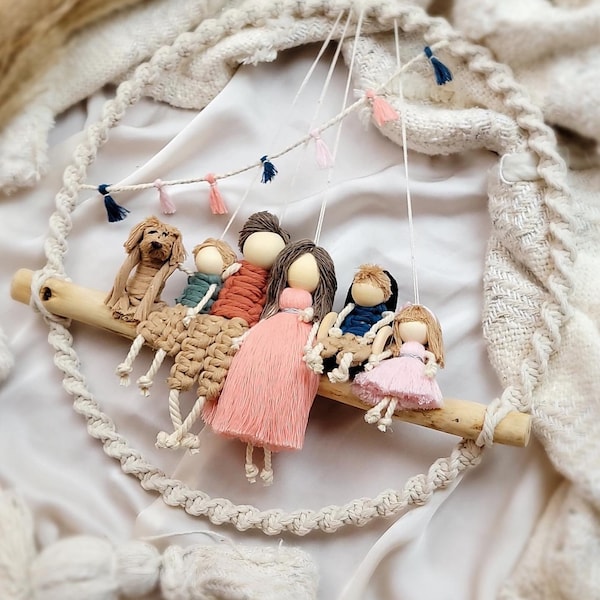 Custom Macrame Doll Family Hanging, Family 1st Xmas As A Family Wall Hanging, Personalized Members In Family, First Christmas New Home Decor