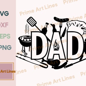 Może przedstawiać: Czarno-biały projekt sylwetki słowa "TATA" z obrazami związanymi z grillowaniem i grillowaniem, w tym grilla, szpatułki, szczypiec, butelki, steku i kolby kukurydzy.