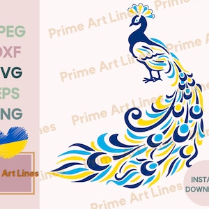 May include: A blue and yellow peacock with its tail feathers spread out in a fan shape. The peacock is a stylized design with a simple, elegant look.