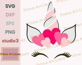 Unicornio svg, Cara de unicornio svg, Unicornio de San Valentín svg, png, dxf, Archivos SVG de unicornio lindo para Cricut, Archivos de corte de silueta, Descarga instantánea