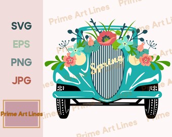 Feliz Primavera SVG, Spring Truck svg, Camión con flores svg, Hola Primavera svg, Coche retro SVG, Spring Quotes svg, Garden Truck svg, Granja