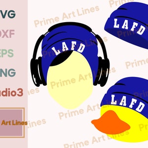 May include: Three blue and white beanie hats with the text "LAFD" on them. One beanie is worn by a person with headphones, another beanie is on a yellow rubber duck, and the third beanie is on its own.