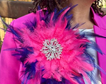 JJOA Inspired Pink and Blue  Feather Brooch with Rhinestone Center - Jack and Jill of America