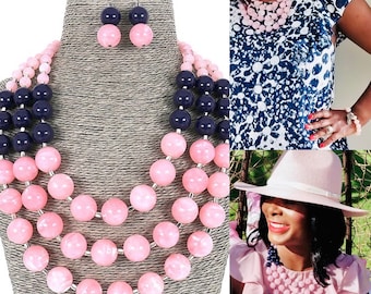 CLOSEOUT - Jack and Jill of America inspired Pink and Blue beaded necklace set