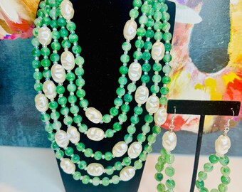 LINKS Green Beaded Abstract Pearl Accent Multi Strand Necklace and Earrings Set