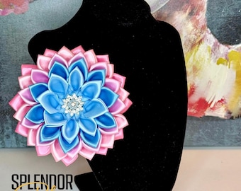 JJOA 5-layer Graduated Pastel Blue and Pink Satin Flower Brooch w/Petite Pearl Center - Jack and Jill of America