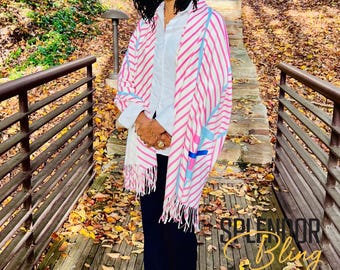Jack and Jill of America Ivory, Pink, and Blue Chevron Striped Pashmina Shawl with Color JJ logo