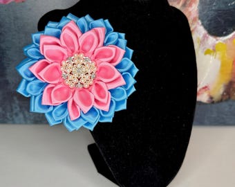Jack and Jill of America Pink, Medium Blue & Pearl Satin Flower Brooch
