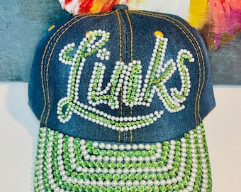 LINKS Denim Green Rhinestone and Pearl Bling Baseball Hat — The Links, Incorporated