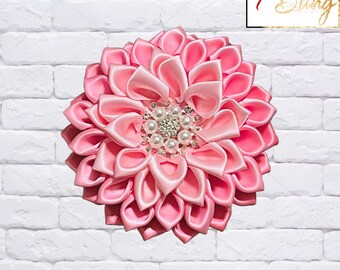 Graduated Light Pink/Medium Pink Satin w/Pearl and Crystal Jewel Flower Brooch - Jack and Jill AKA