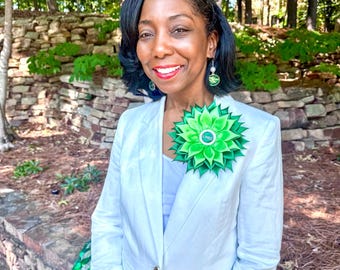 LINKS 2-Color Green Satin Kanzashi Ribbon Flower Brooch with Rhinestone Branded Center - The Links, Incorporated