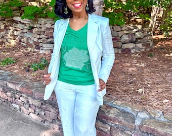 LINKS White Rose Rhinestone Bling Green Heathered T-Shirt