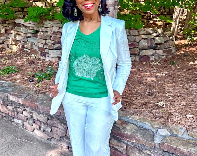 Featured listing image: LINKS White Rose Rhinestone Bling Green Heathered T-Shirt