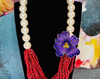 DST inspired Oversized Violet Brooch Red Bead Pearl necklace