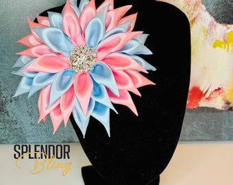 JJOA Pink and Blue Satin w/Crystal Jewel Kanzashi Flower Brooch - Jack and Jill