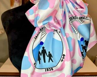 White/Pink/Blue Leopard Print Twill Satin Scarf with Traditional seal Jack and Jill of America logo