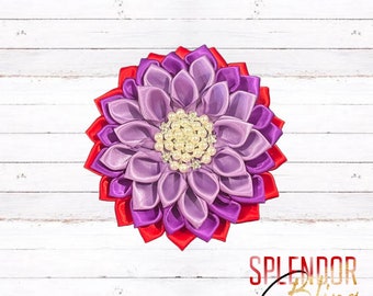 CLOSEOUT DST Inspired 2-Color Violet with Red & Pearl Satin Flower Brooch