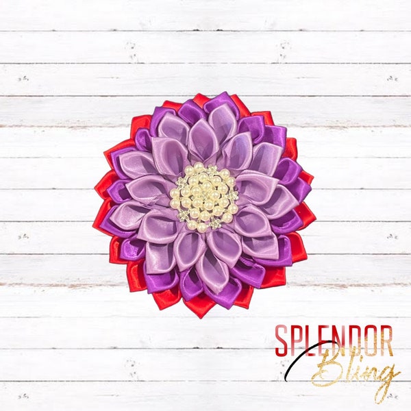 DST Inspired 2-Color Violet with Red & Pearl Satin Flower Brooch