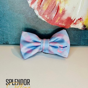 May include: A light blue and pink plaid bow tie with a small embroidered design. The bow tie is centered on a white surface, with a colorful abstract painting in the background. The text "SPLENDOR Bling" is at the bottom.