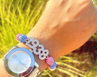 Pink, Blue & Pearl Sparkle  Bracelet with 1938 Rhinestone Center - Jack and Jill of America