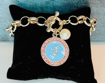 JJOA Chain Link Bracelet with BLUE Charm and Pearl