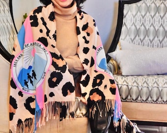 Jack and Jill of America Natural Leopard Print Pashmina Shawl with Color Seal logo