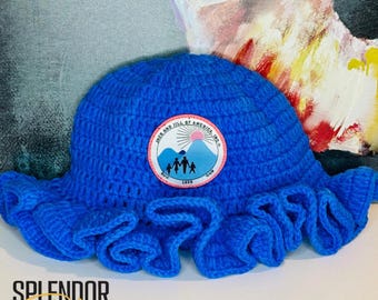 Jack and Jill of America Royal Blue Crochet Hat with Ruffle and Seal Logo