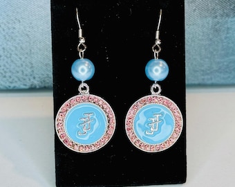 JJOA All BLUE Enamel and Pearl with Blue Rhinestone JJ Logo Earrings