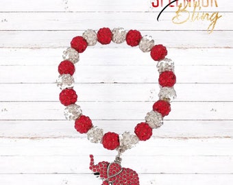 DST Inspired Red & White Sparkle Bead Elephant Charm Bracelet