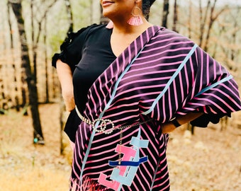 Jack and Jill of America Black, Pink, and Blue Striped Pashmina Shawl with Color JJ logo