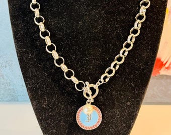 JJOA Chain Necklace with BLUE Interlocking JJ and Pearl Charm - Jack and Jill