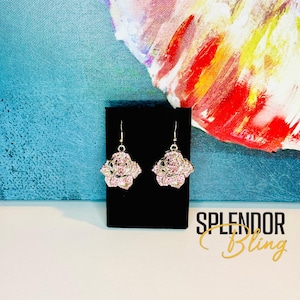JJOA Pink Rose Rhinestone Dangle Earrings