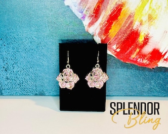 JJOA Pink Rose Rhinestone Dangle Earrings